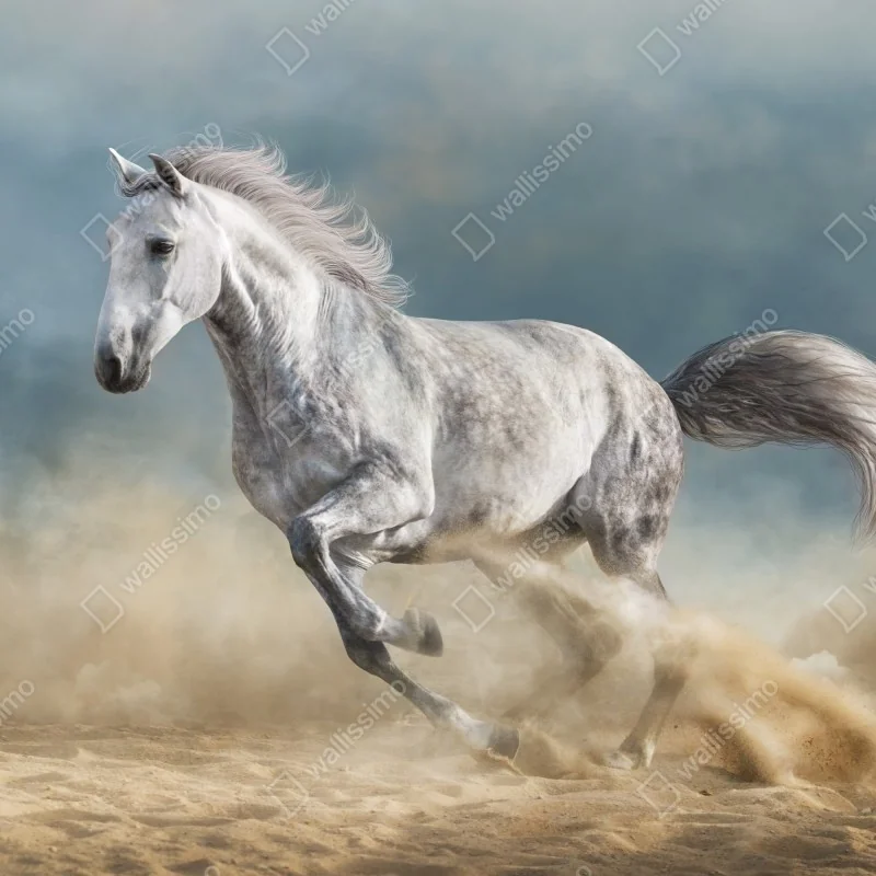 Naklejka repozycjonowalna majestatyczny siwy koń galopujący po piasku – Wallissimo® Naklejka repozycjonowalna majestatyczny siwy koń galopujący po piasku – Wallissimo®
