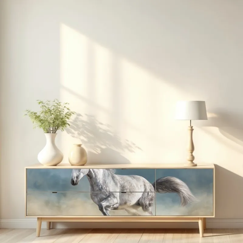 Naklejka repozycjonowalna majestatyczny siwy koń galopujący po piasku – Wallissimo® Naklejka repozycjonowalna majestatyczny siwy koń galopujący po piasku – Wallissimo®