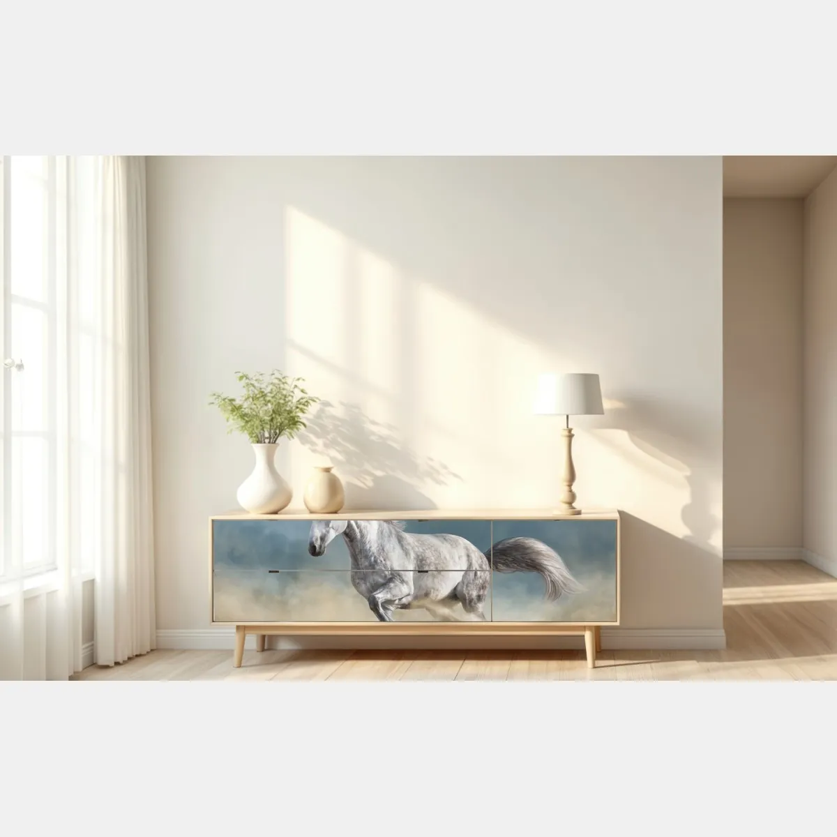 Naklejka repozycjonowalna majestatyczny siwy koń galopujący po piasku – Wallissimo® Naklejka repozycjonowalna majestatyczny siwy koń galopujący po piasku – Wallissimo®