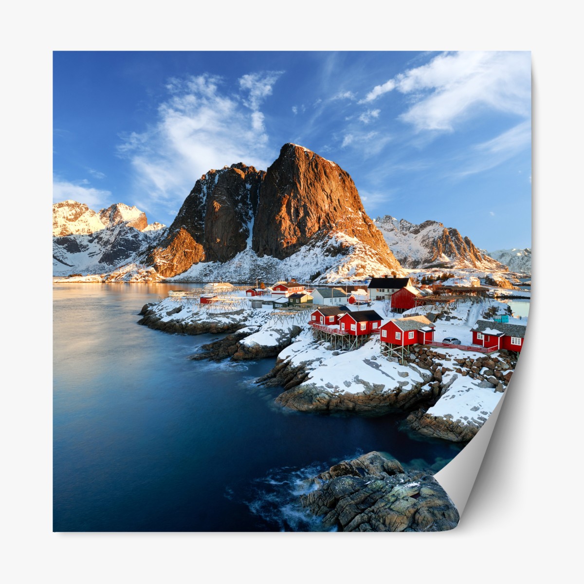 Repositionable sticker sunlit Hamnøy village by the fjord