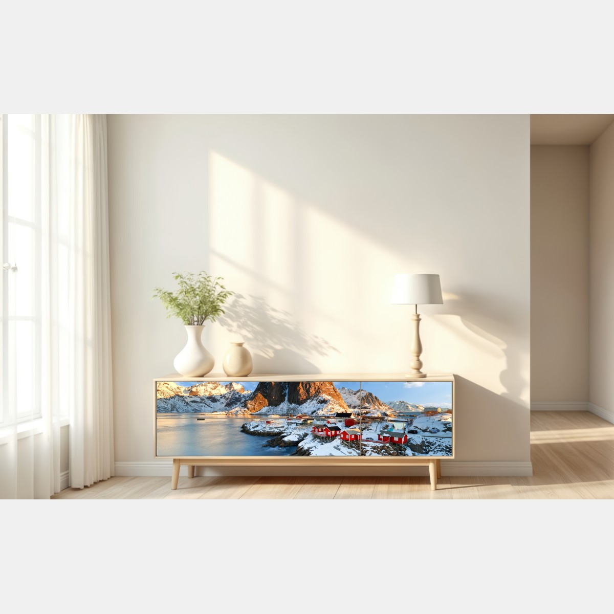 Naklejka repozycjonowalna słoneczna wioska Hamnøy nad fiordem – Wallissimo® Naklejka repozycjonowalna słoneczna wioska Hamnøy nad fiordem – Wallissimo®