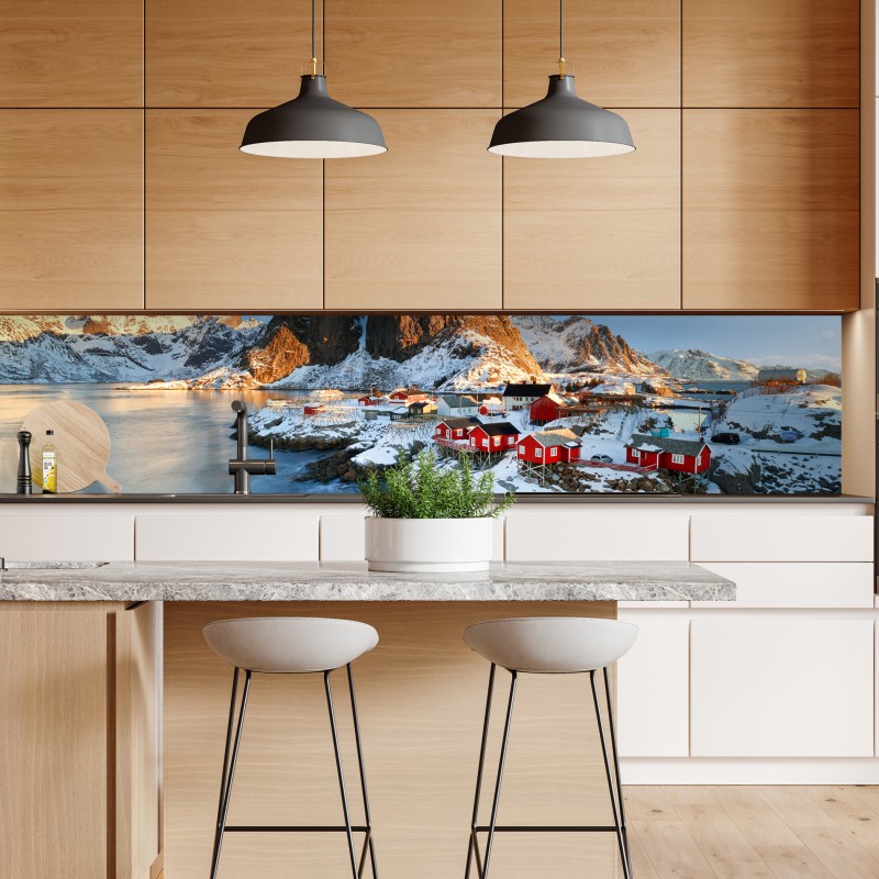 Naklejka repozycjonowalna słoneczna wioska Hamnøy nad fiordem – Wallissimo® Naklejka repozycjonowalna słoneczna wioska Hamnøy nad fiordem – Wallissimo®