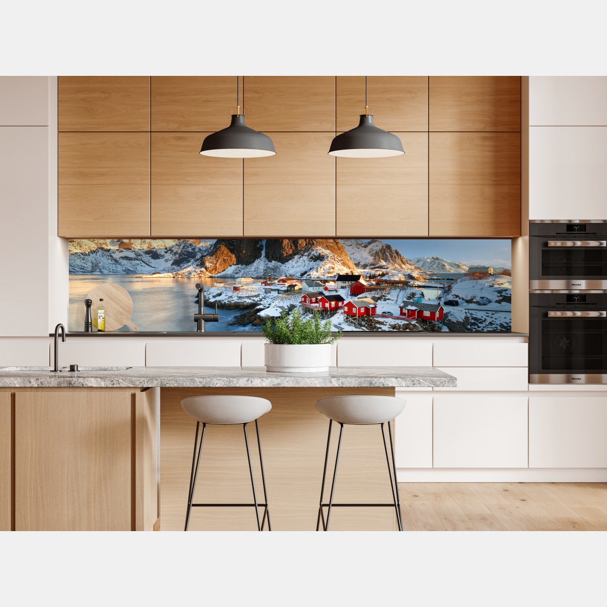 Naklejka repozycjonowalna słoneczna wioska Hamnøy nad fiordem – Wallissimo® Naklejka repozycjonowalna słoneczna wioska Hamnøy nad fiordem – Wallissimo®