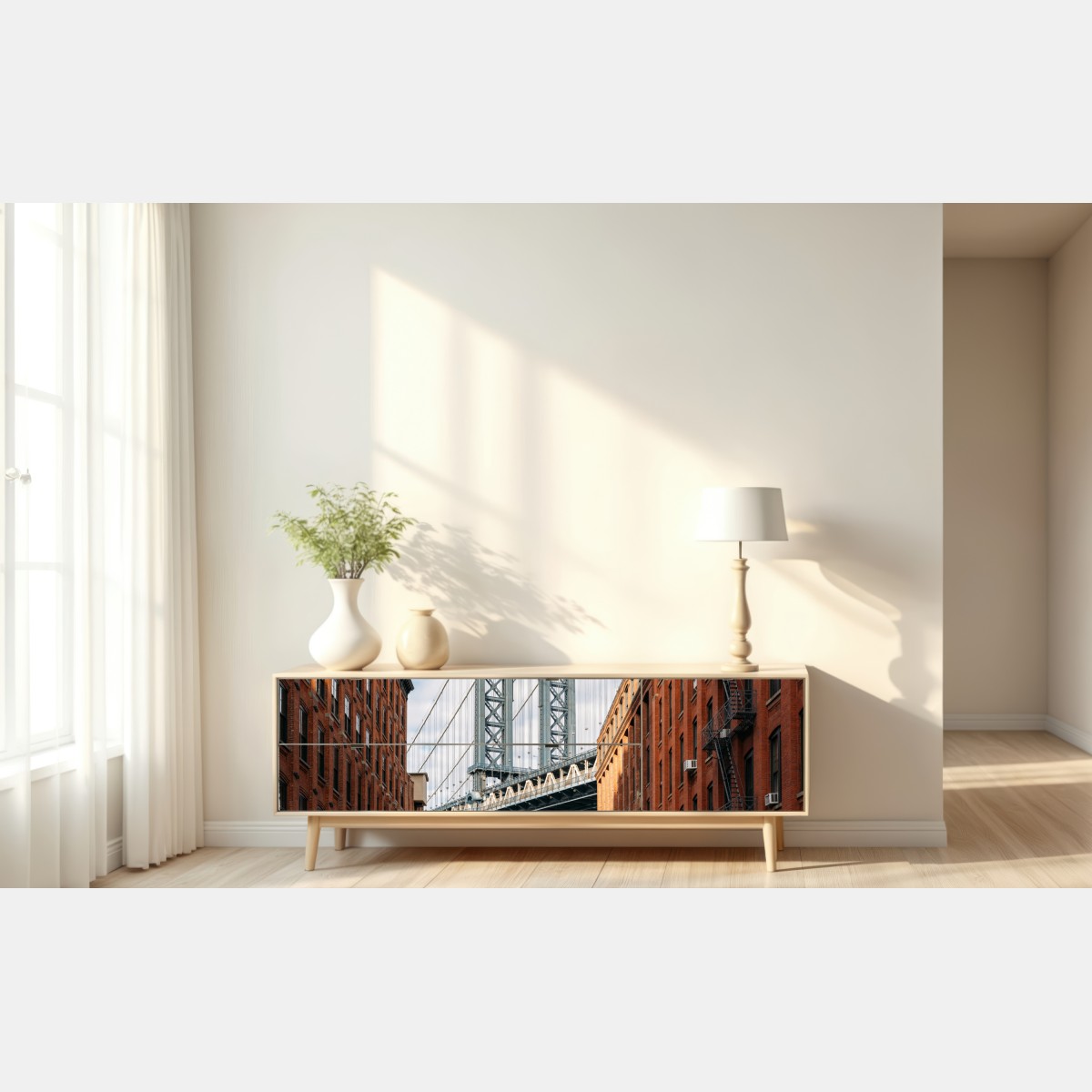 Naklejka repozycjonowalna Brooklyn widok mostu między ceglanymi budynkami – Wallissimo® Naklejka repozycjonowalna Brooklyn widok mostu między ceglanymi budynkami – Wallissimo®