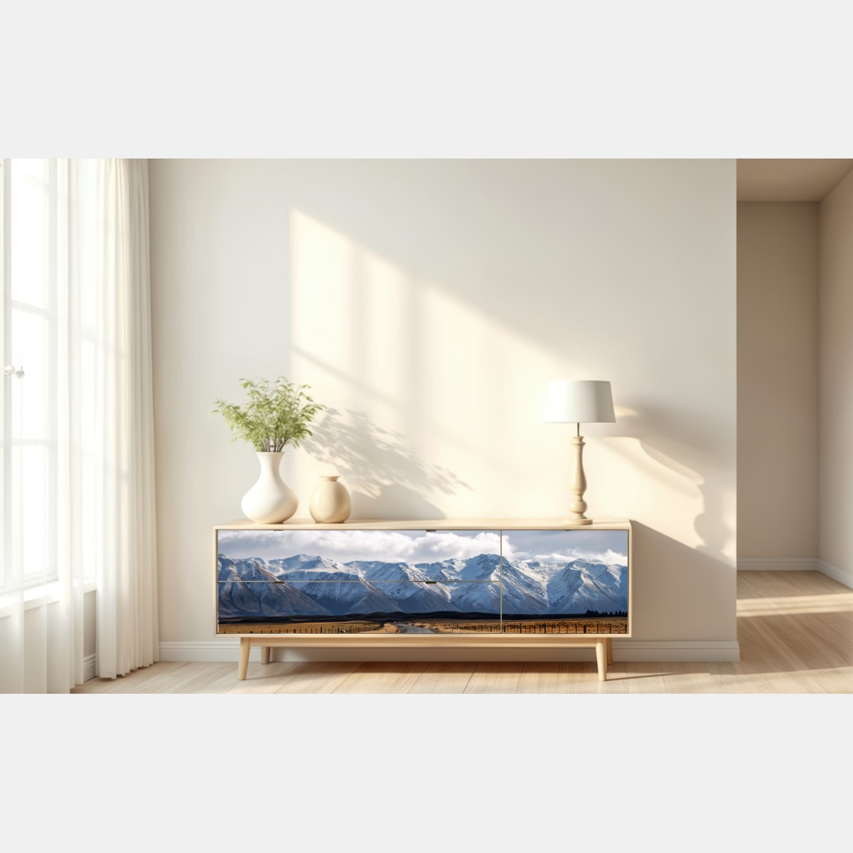 Naklejka repozycjonowalna droga prowadząca do ośnieżonych gór, Nowa Zelandia – Wallissimo® Naklejka repozycjonowalna droga prowadząca do ośnieżonych gór, Nowa Zelandia – Wallissimo®