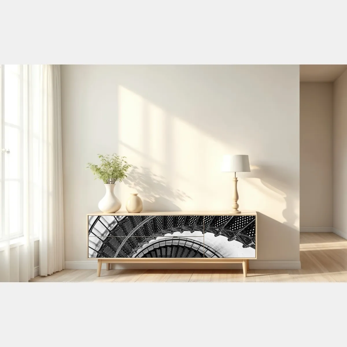 Naklejka repozycjonowalna spiralne schody w czerni i bieli – Wallissimo® Naklejka repozycjonowalna spiralne schody w czerni i bieli – Wallissimo®