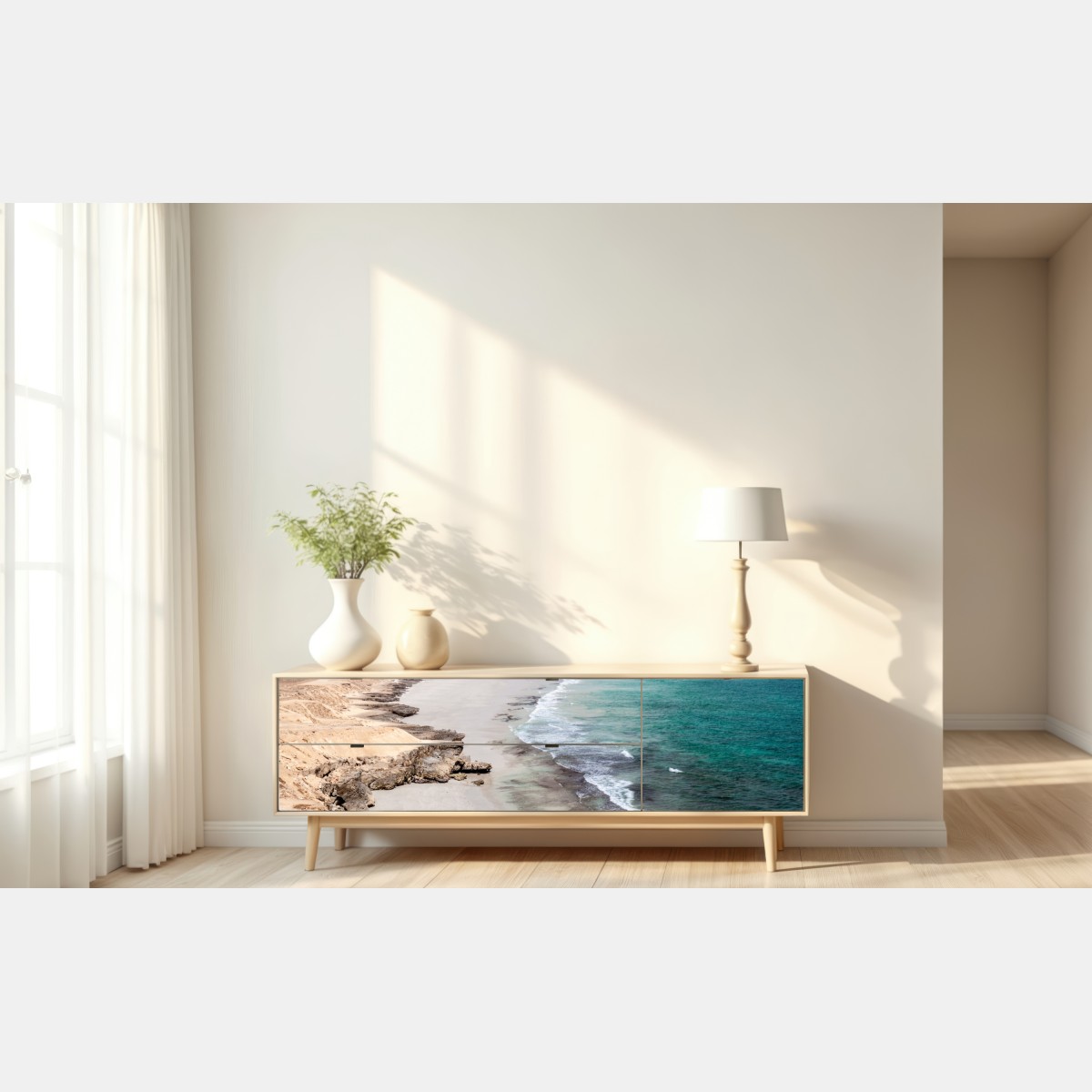 Naklejka repozycjonowalna spokojne turkusowe wybrzeże nad pustynnymi klifami – Wallissimo® Naklejka repozycjonowalna spokojne turkusowe wybrzeże nad pustynnymi klifami – Wallissimo®