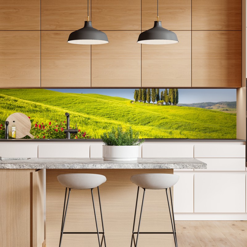 Naklejka repozycjonowalna słoneczne zielone wzgórza z cyprysami – Wallissimo® Naklejka repozycjonowalna słoneczne zielone wzgórza z cyprysami – Wallissimo®