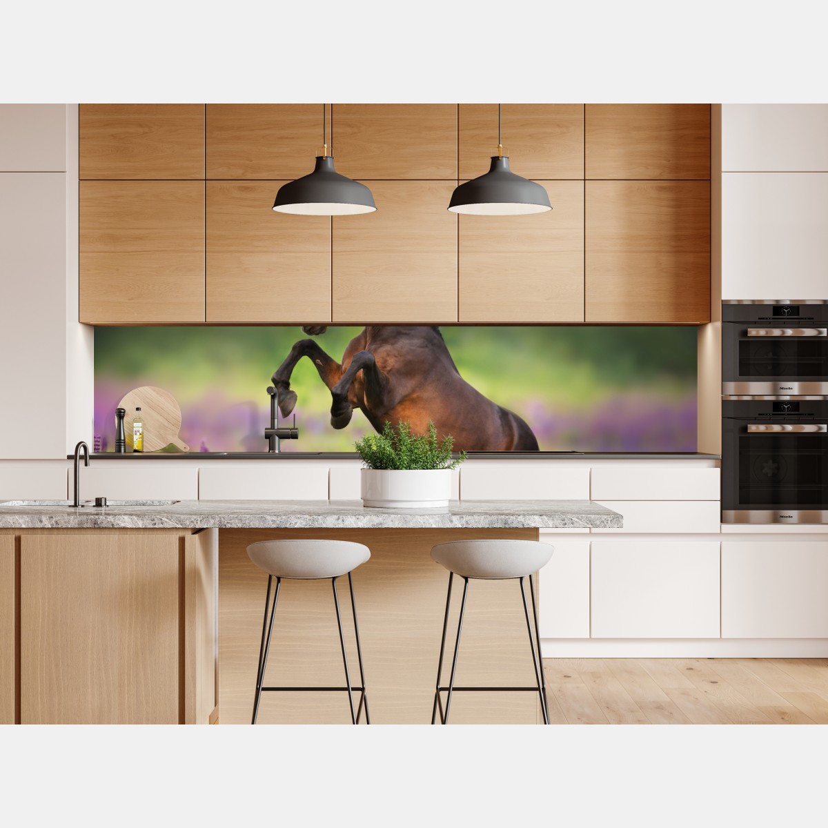 Naklejka repozycjonowalna ogier staje dęba w łubinowej łące – Wallissimo® Naklejka repozycjonowalna ogier staje dęba w łubinowej łące – Wallissimo®