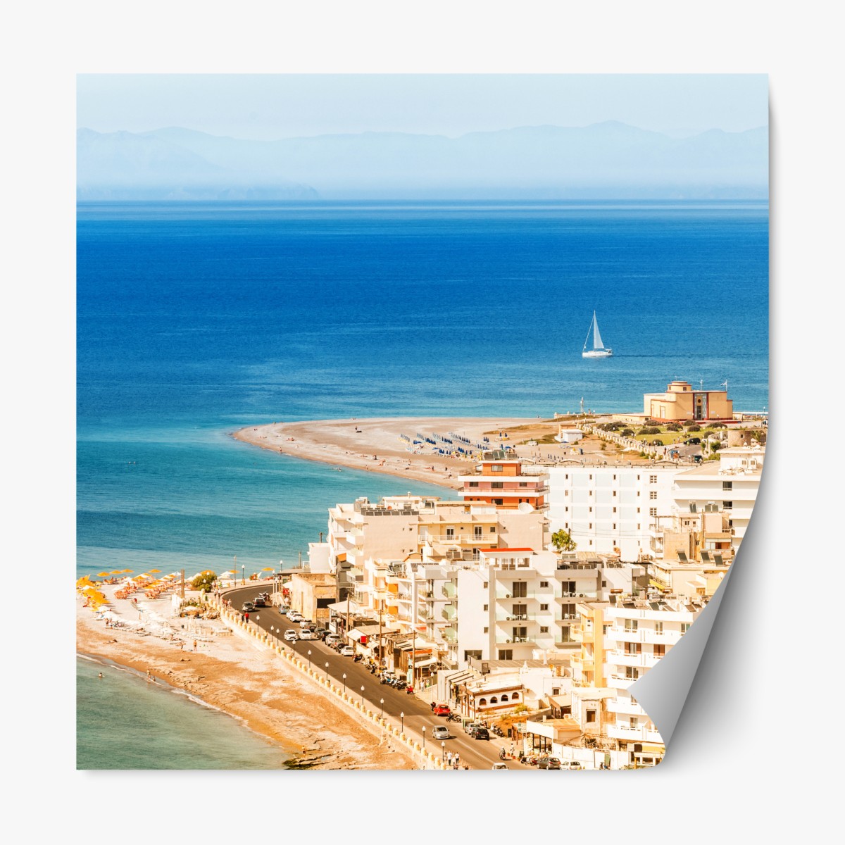 Repositionable sticker sunny coastal cityscape with sailboat