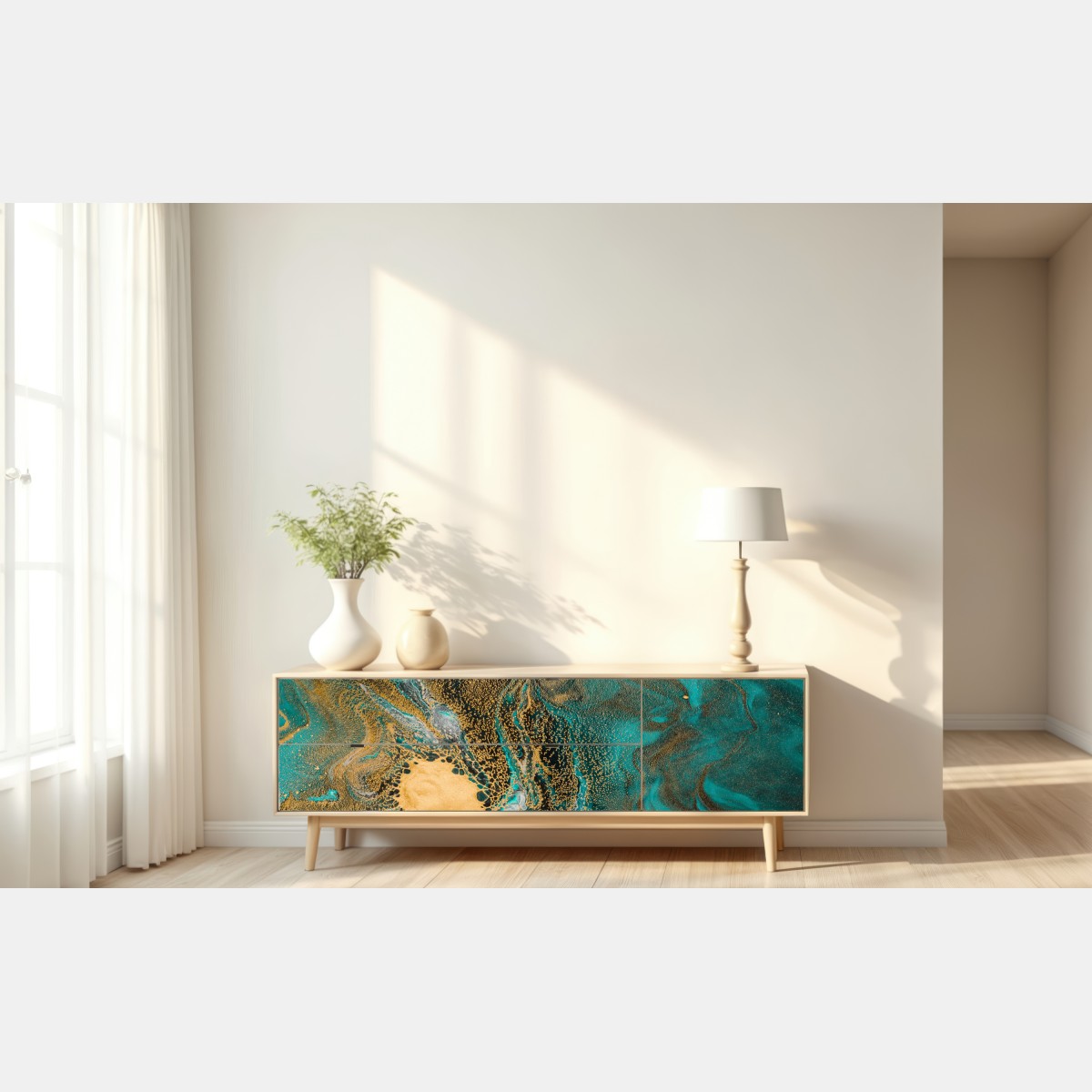 Naklejka repozycjonowalna turkusowy i złoty płynny wir abstrakcji – Wallissimo® Naklejka repozycjonowalna turkusowy i złoty płynny wir abstrakcji – Wallissimo®