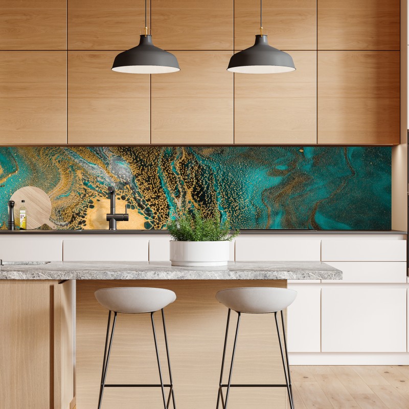 Naklejka repozycjonowalna turkusowy i złoty płynny wir abstrakcji – Wallissimo® Naklejka repozycjonowalna turkusowy i złoty płynny wir abstrakcji – Wallissimo®