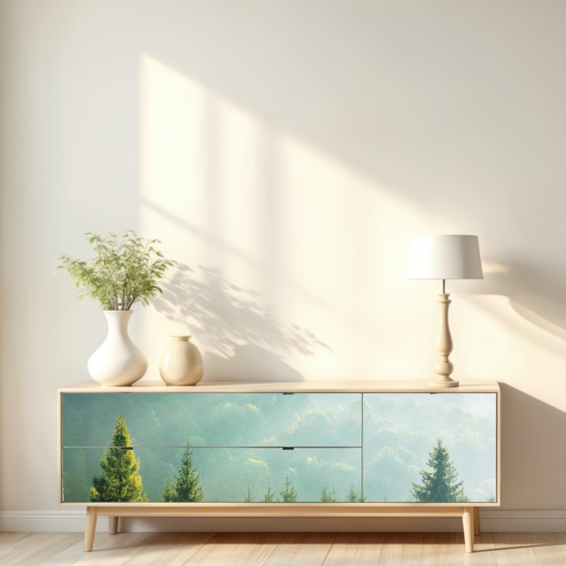 Naklejka repozycjonowalna mglista korona świerków o poranku – Wallissimo® Naklejka repozycjonowalna mglista korona świerków o poranku – Wallissimo®