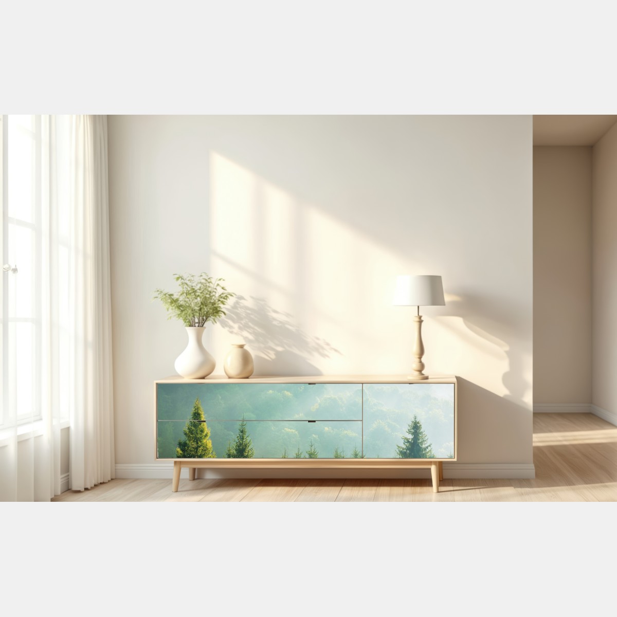 Naklejka repozycjonowalna mglista korona świerków o poranku – Wallissimo® Naklejka repozycjonowalna mglista korona świerków o poranku – Wallissimo®