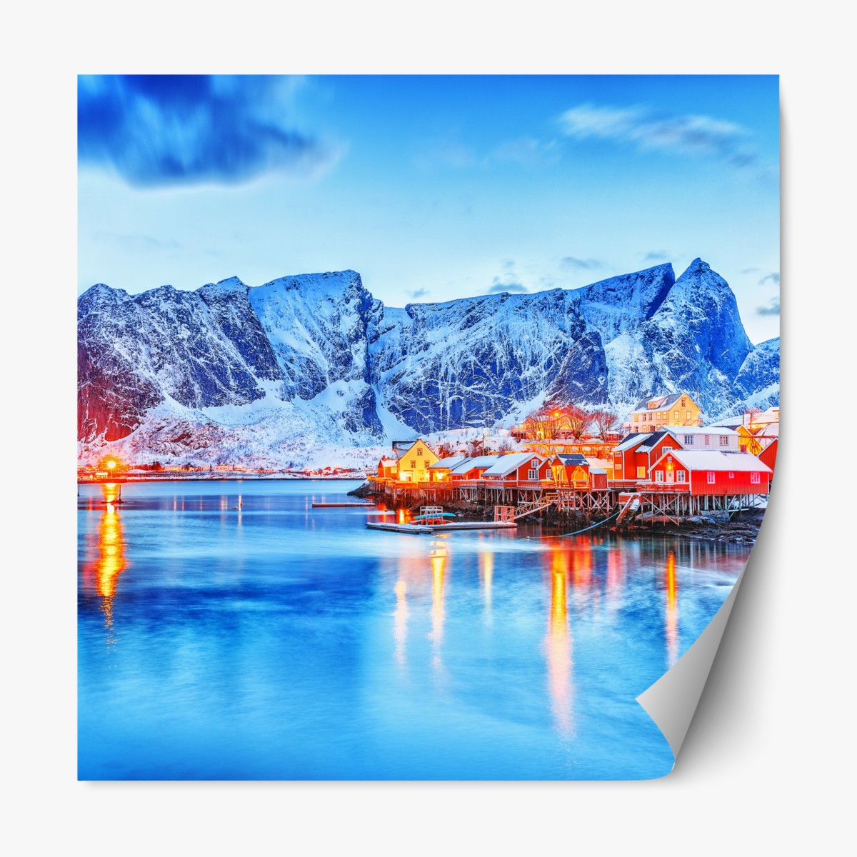 Repositionable sticker snowy coastal village beneath towering mountains