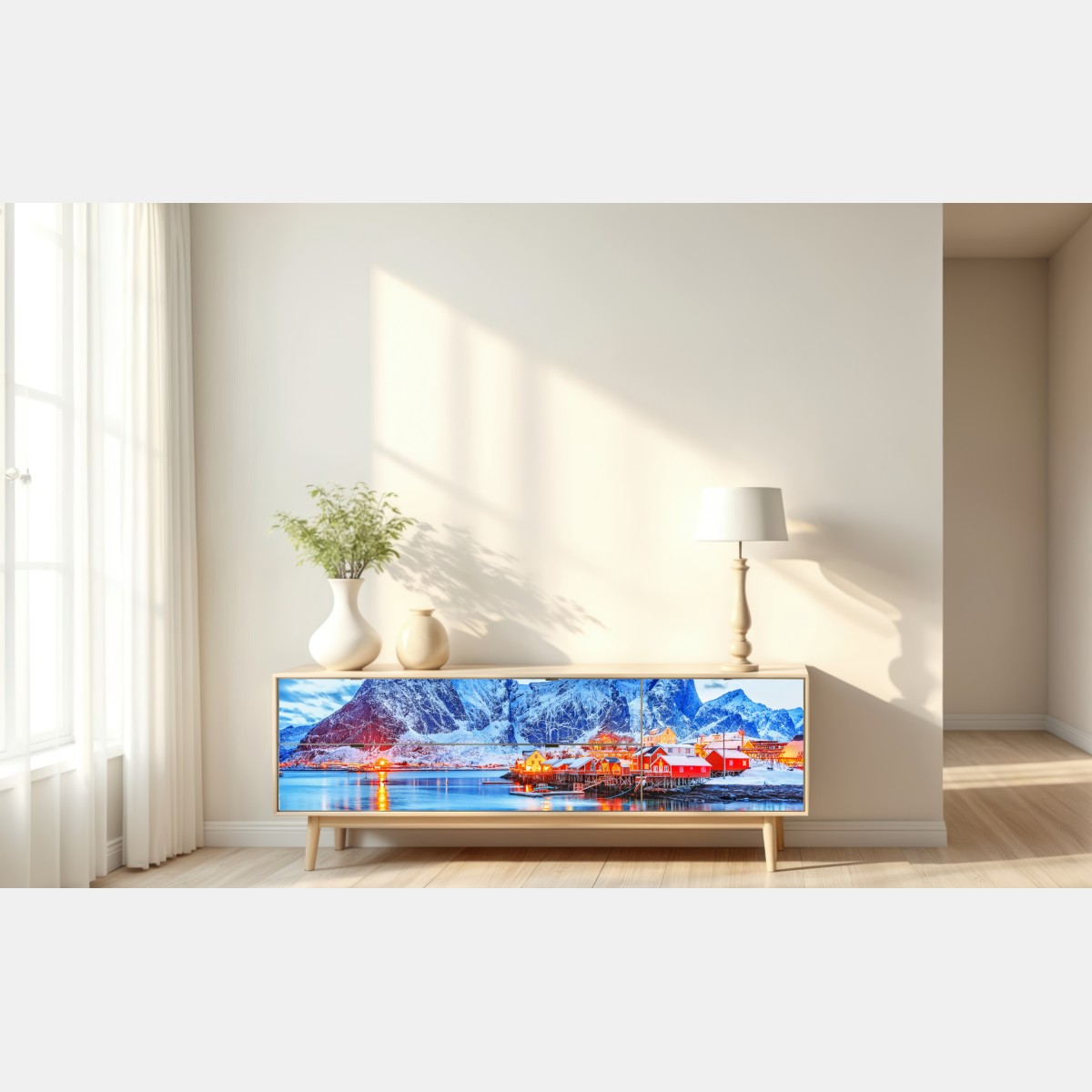 Naklejka repozycjonowalna zaśnieżona nadmorska wioska u stóp gór – Wallissimo® Naklejka repozycjonowalna zaśnieżona nadmorska wioska u stóp gór – Wallissimo®