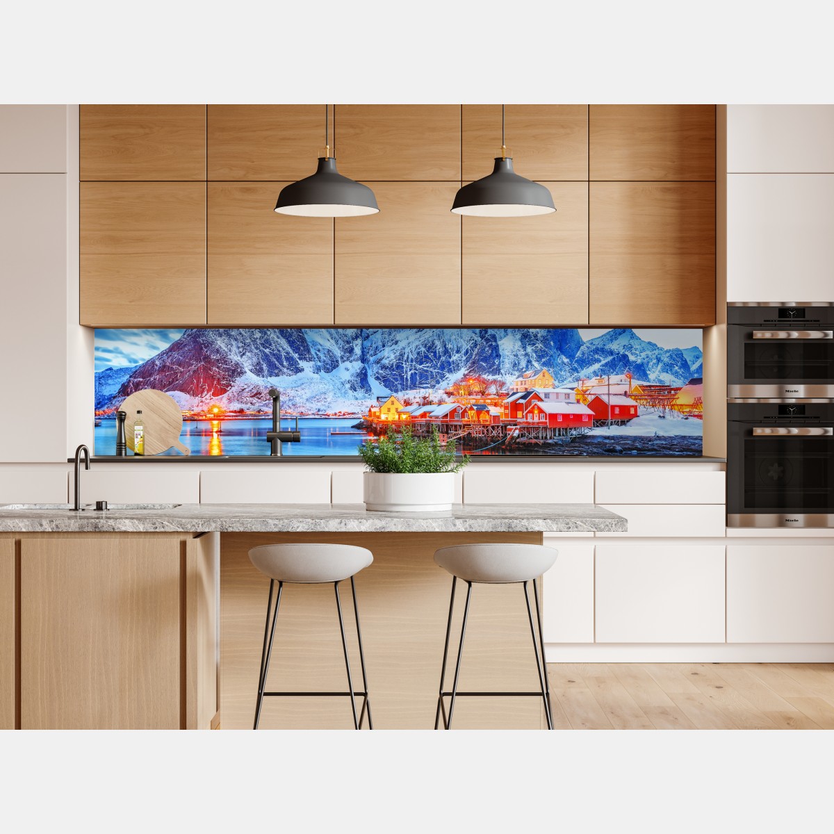 Naklejka repozycjonowalna zaśnieżona nadmorska wioska u stóp gór – Wallissimo® Naklejka repozycjonowalna zaśnieżona nadmorska wioska u stóp gór – Wallissimo®