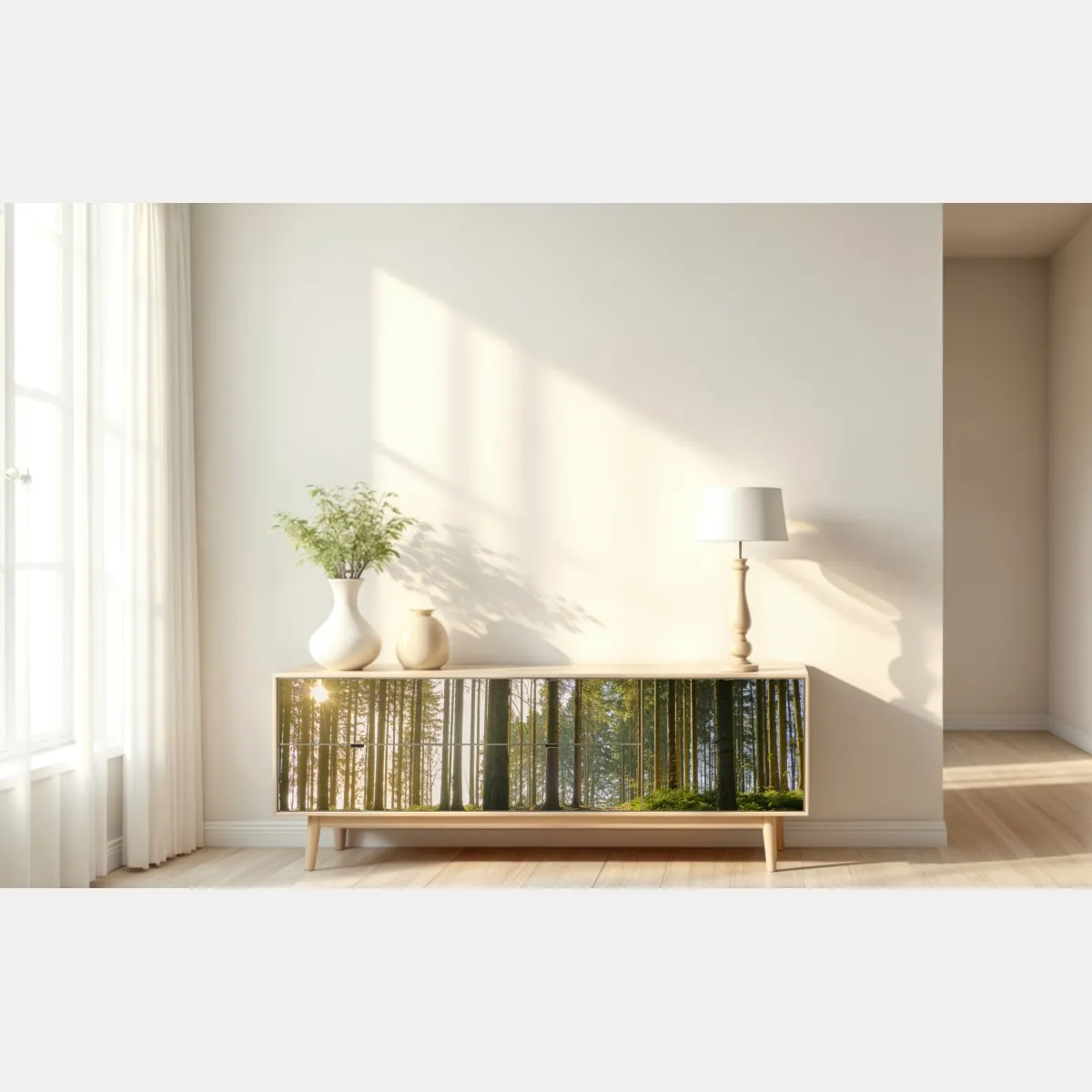 Naklejka repozycjonowalna słoneczna leśna ścieżka o świcie – Wallissimo® Naklejka repozycjonowalna słoneczna leśna ścieżka o świcie – Wallissimo®