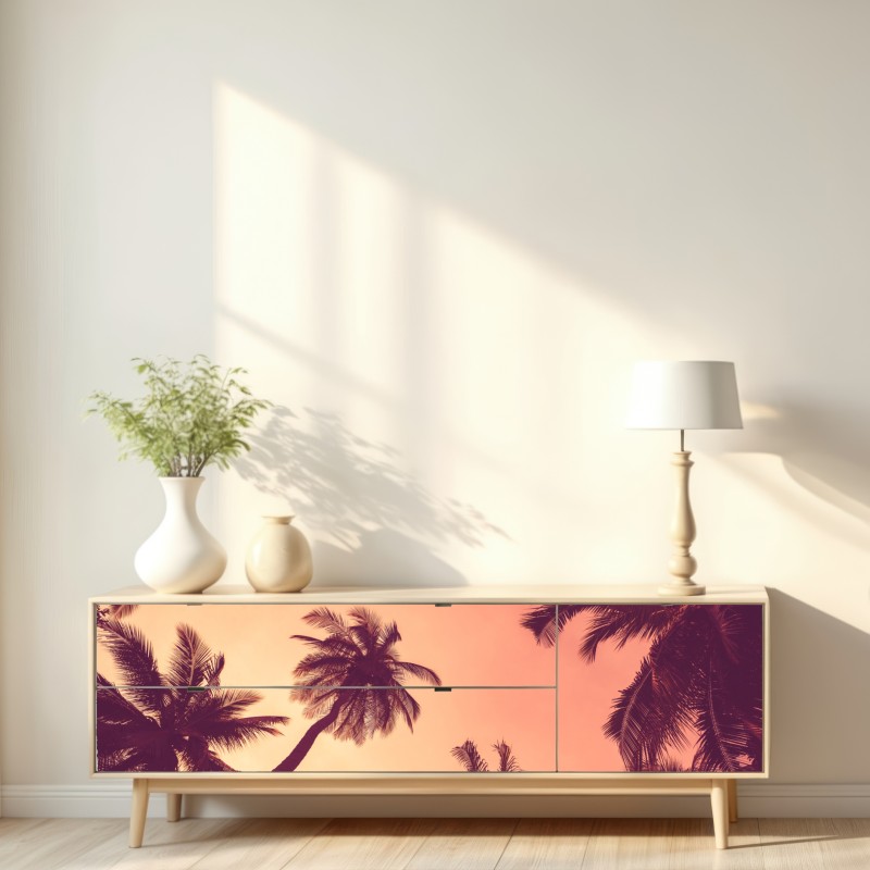 Naklejka repozycjonowalna tropikalne palmy o zachodzie słońca – Wallissimo® Naklejka repozycjonowalna tropikalne palmy o zachodzie słońca – Wallissimo®
