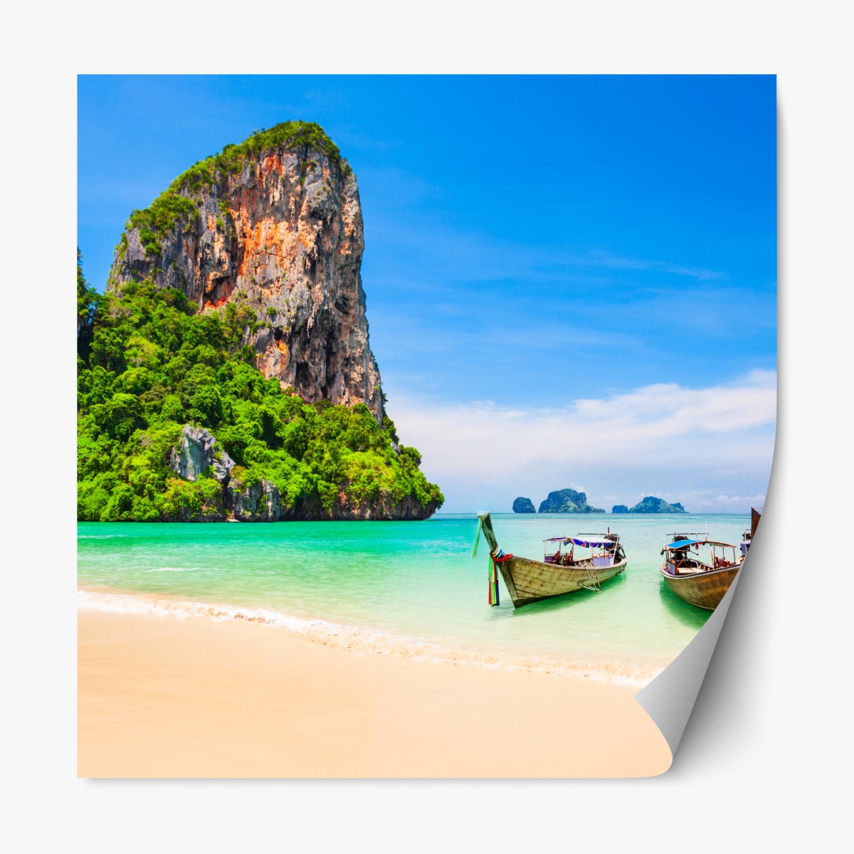 Repositionable sticker tropical beach with longtail boats in Thailand