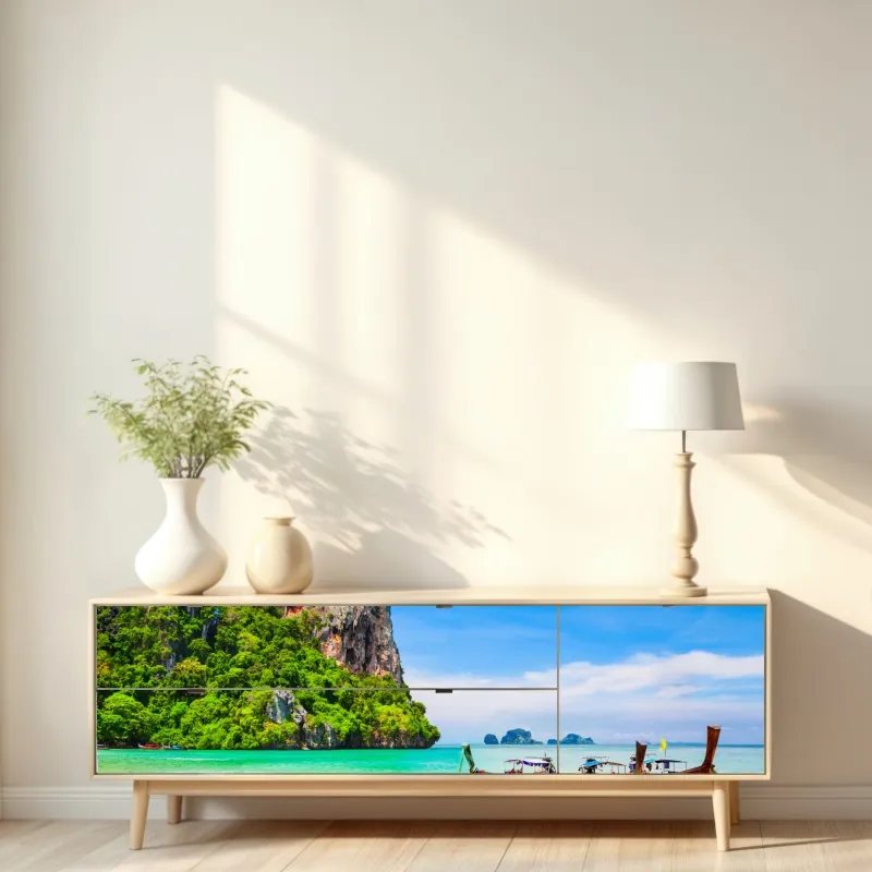 Naklejka repozycjonowalna tropikalna plaża z palmami pod błękitnym niebem – Wallissimo®