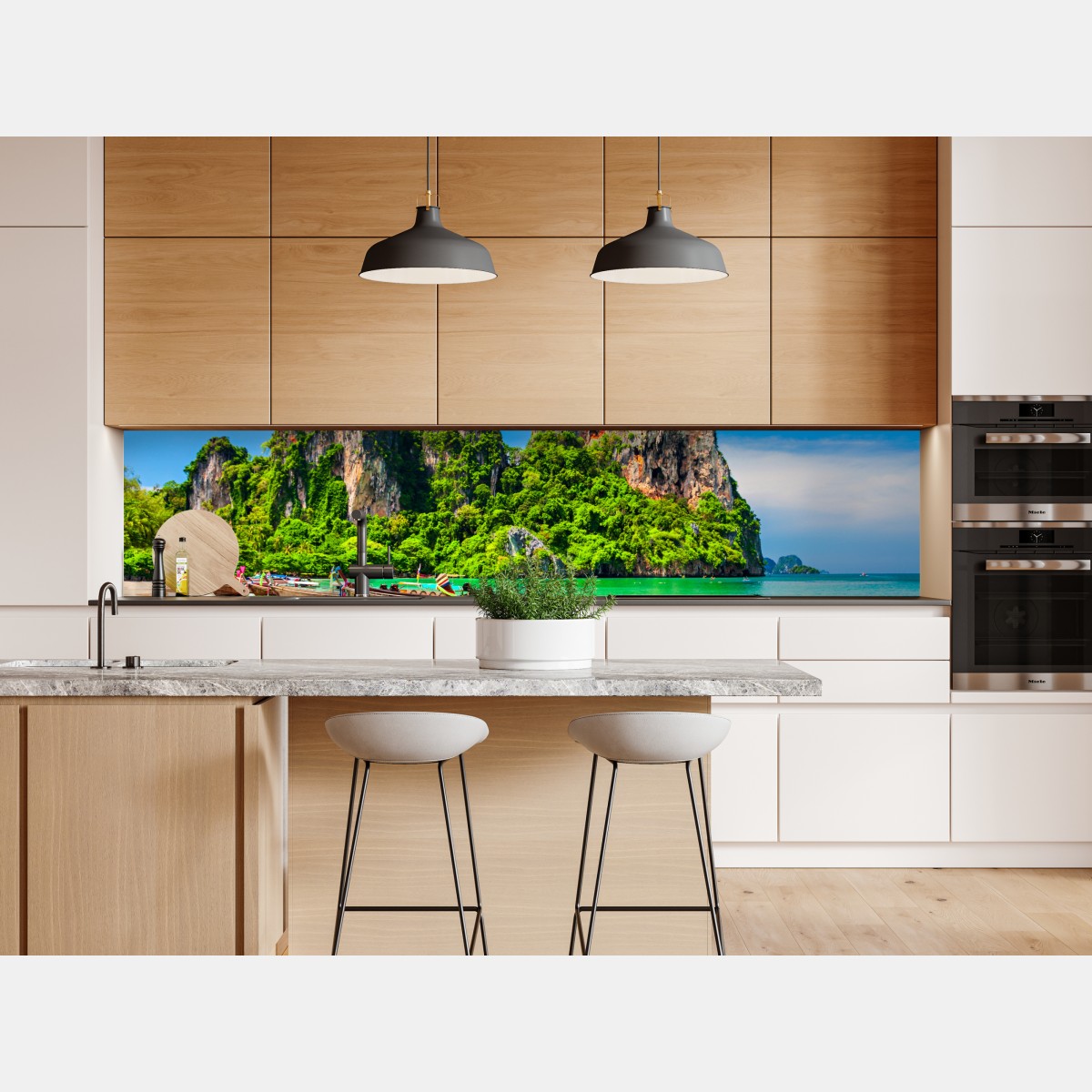 Naklejka repozycjonowalna długie łodzie na tropikalnej plaży, Tajlandia – Wallissimo® Naklejka repozycjonowalna długie łodzie na tropikalnej plaży, Tajlandia – Wallissimo®