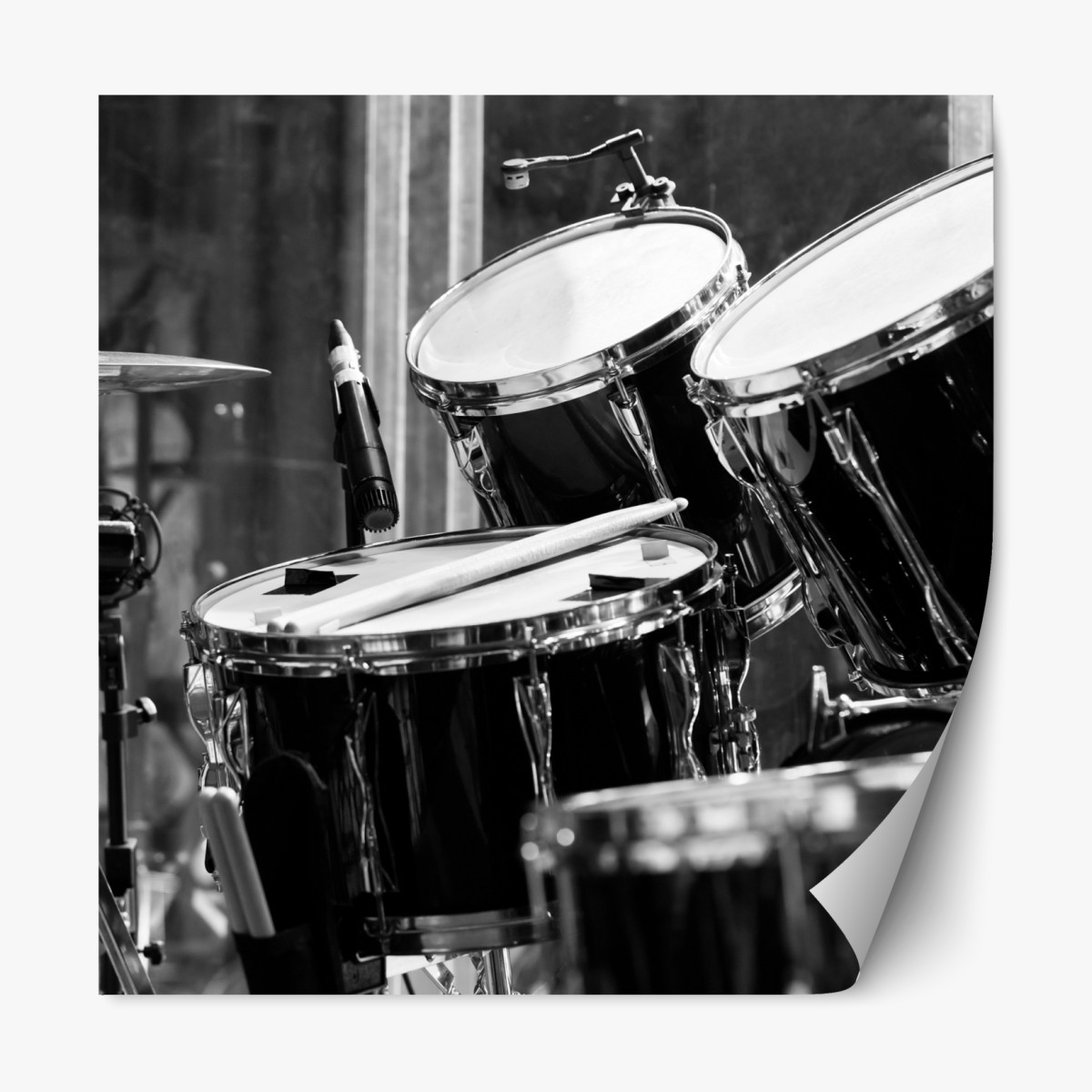 Repositionable sticker black and white drum kit close-up