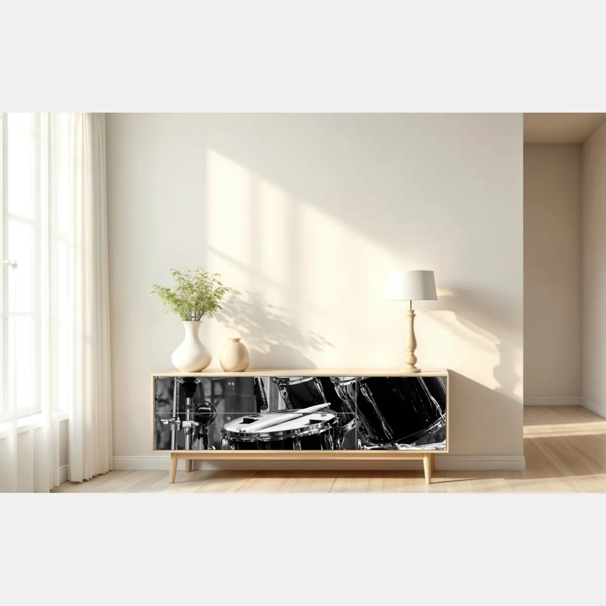 Naklejka repozycjonowalna czarno-białe zbliżenie zestawu perkusyjnego – Wallissimo® Naklejka repozycjonowalna czarno-białe zbliżenie zestawu perkusyjnego – Wallissimo®