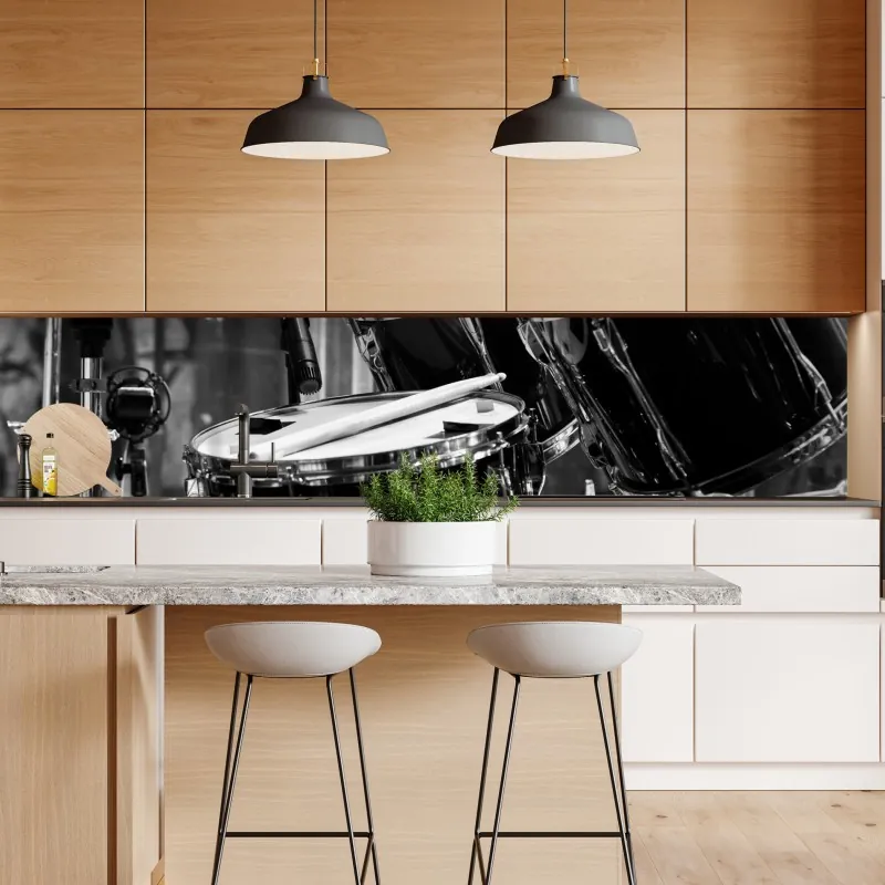 Naklejka repozycjonowalna czarno-białe zbliżenie zestawu perkusyjnego – Wallissimo® Naklejka repozycjonowalna czarno-białe zbliżenie zestawu perkusyjnego – Wallissimo®