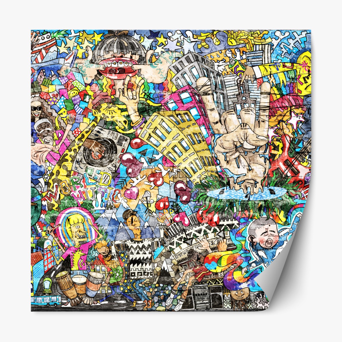 Repositionable sticker colorful urban music mural collage