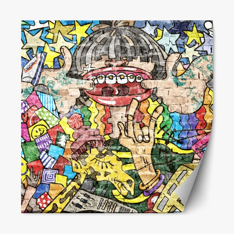 Naklejka repozycjonowalna kolorowy mural graffiti z zabawną postacią
