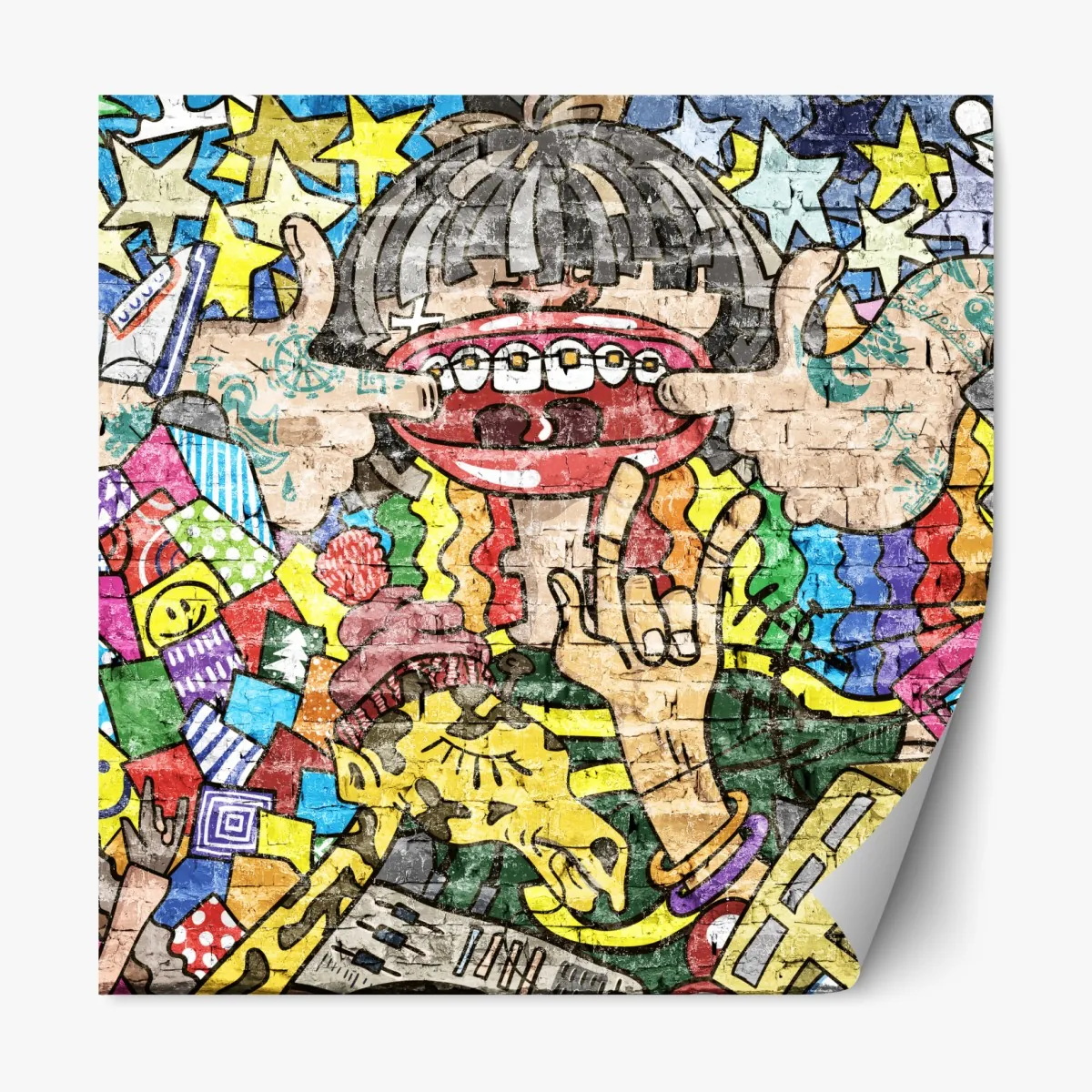 Naklejka repozycjonowalna kolorowy mural graffiti z zabawną postacią – Wallissimo® Naklejka repozycjonowalna kolorowy mural graffiti z zabawną postacią – Wallissimo®