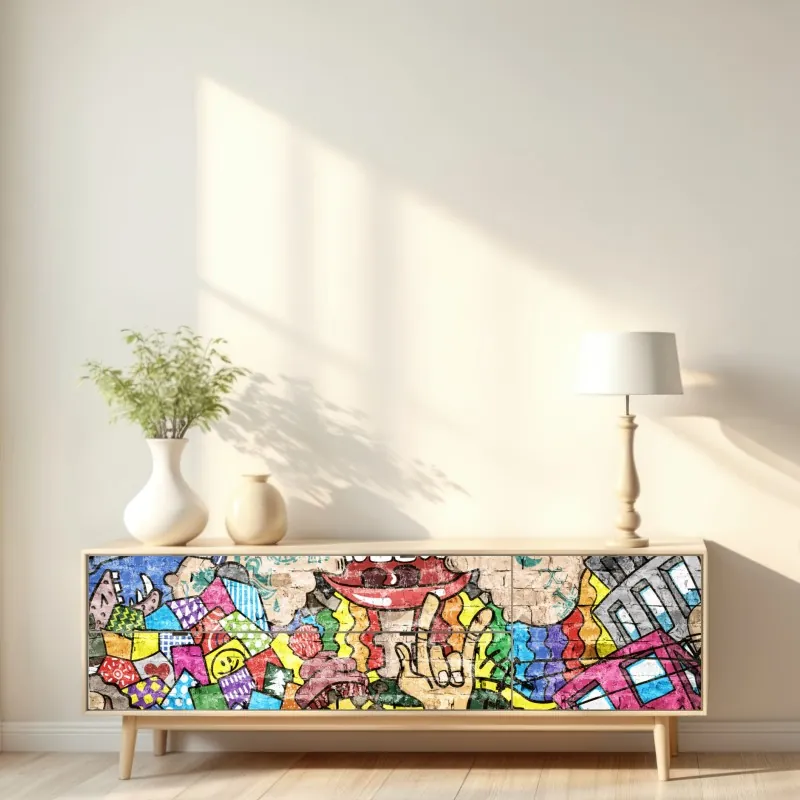 Naklejka repozycjonowalna kolorowy mural graffiti z zabawną postacią – Wallissimo® Naklejka repozycjonowalna kolorowy mural graffiti z zabawną postacią – Wallissimo®