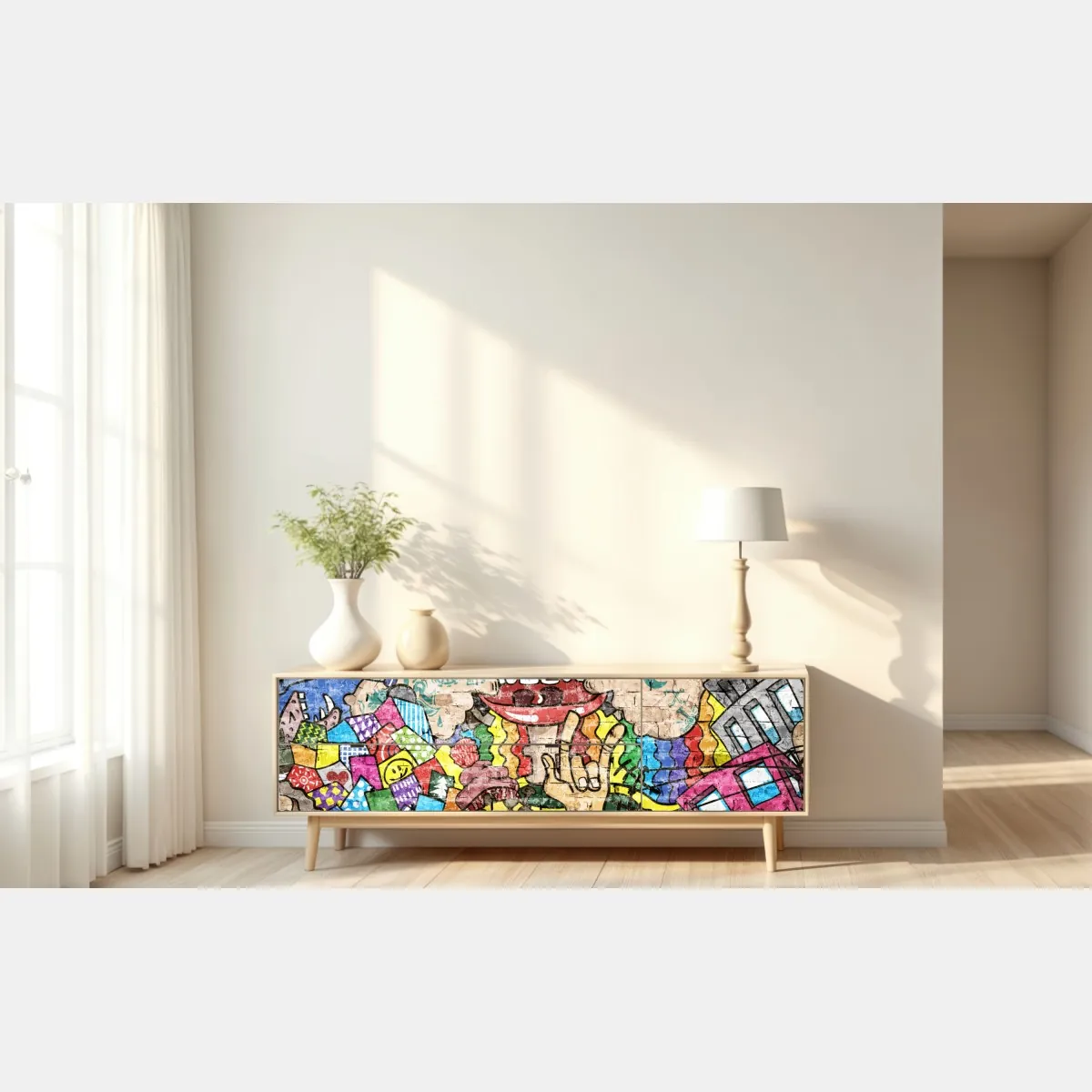 Naklejka repozycjonowalna kolorowy mural graffiti z zabawną postacią – Wallissimo® Naklejka repozycjonowalna kolorowy mural graffiti z zabawną postacią – Wallissimo®