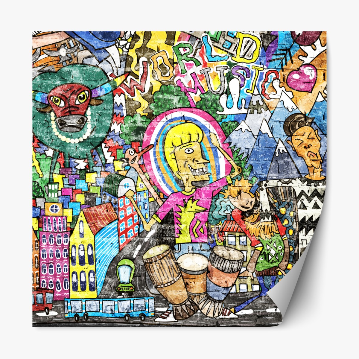 Repositionable sticker colorful urban graffiti mural