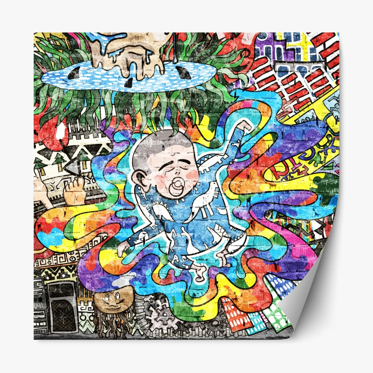 Naklejka repozycjonowalna kolorowy mural graffiti ze śniącym dzieckiem – Wallissimo® Naklejka repozycjonowalna kolorowy mural graffiti ze śniącym dzieckiem – Wallissimo®