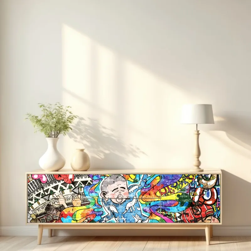 Naklejka repozycjonowalna kolorowy mural graffiti ze śniącym dzieckiem – Wallissimo® Naklejka repozycjonowalna kolorowy mural graffiti ze śniącym dzieckiem – Wallissimo®