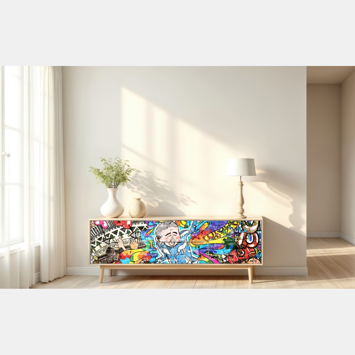 Naklejka repozycjonowalna kolorowy mural graffiti ze śniącym dzieckiem – Wallissimo® Naklejka repozycjonowalna kolorowy mural graffiti ze śniącym dzieckiem – Wallissimo®