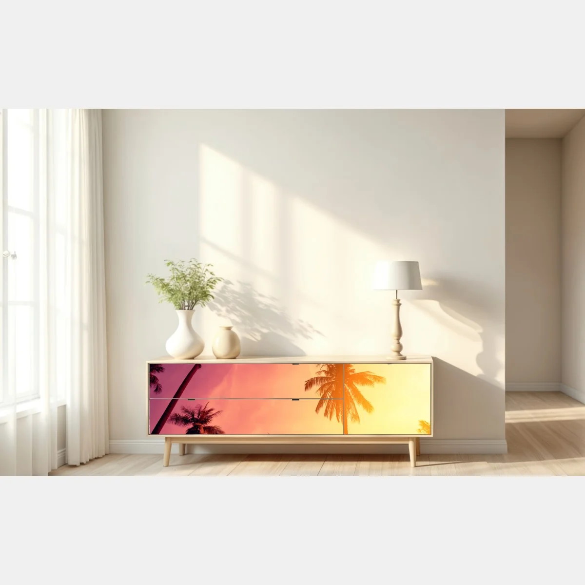 Naklejka repozycjonowalna tropikalny zachód słońca z palmami – Wallissimo® Naklejka repozycjonowalna tropikalny zachód słońca z palmami – Wallissimo®