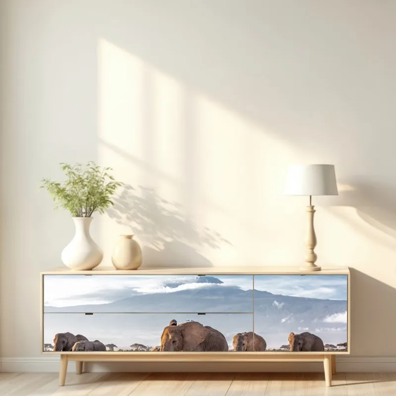 Naklejka repozycjonowalna stado słoni przed Kilimandżaro – Wallissimo® Naklejka repozycjonowalna stado słoni przed Kilimandżaro – Wallissimo®