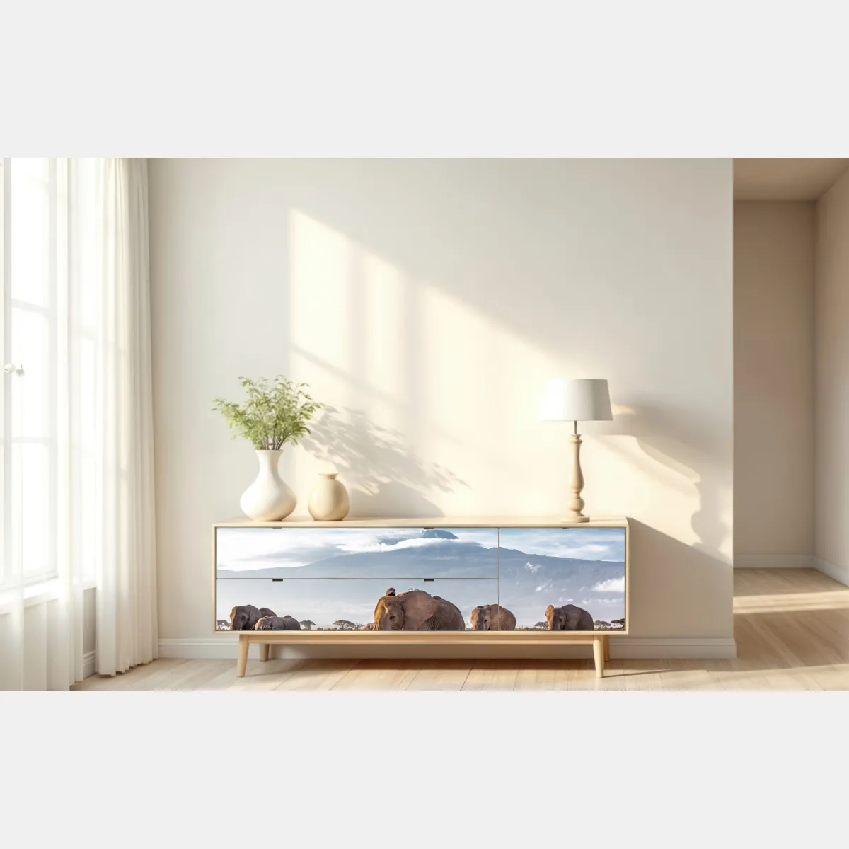 Naklejka repozycjonowalna stado słoni przed Kilimandżaro – Wallissimo® Naklejka repozycjonowalna stado słoni przed Kilimandżaro – Wallissimo®