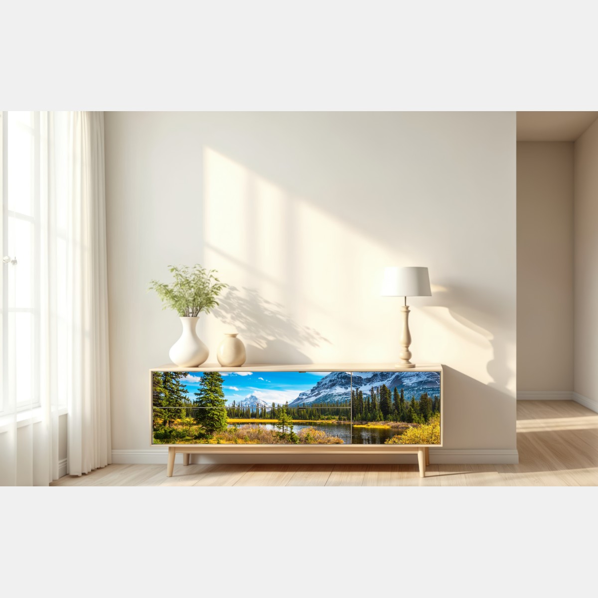 Naklejka repozycjonowalna Góry Skaliste nad jeziorem z odbiciem – Wallissimo® Naklejka repozycjonowalna Góry Skaliste nad jeziorem z odbiciem – Wallissimo®