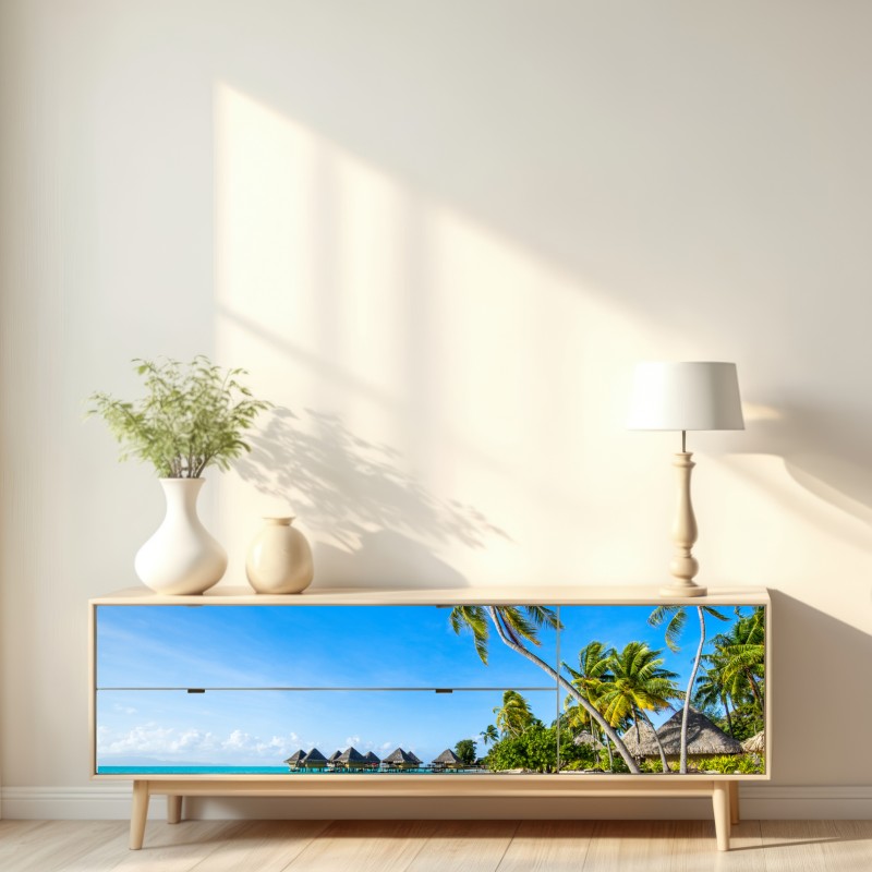 Naklejka repozycjonowalna tropikalna turkusowa plaża z palmami – Wallissimo® Naklejka repozycjonowalna tropikalna turkusowa plaża z palmami – Wallissimo®