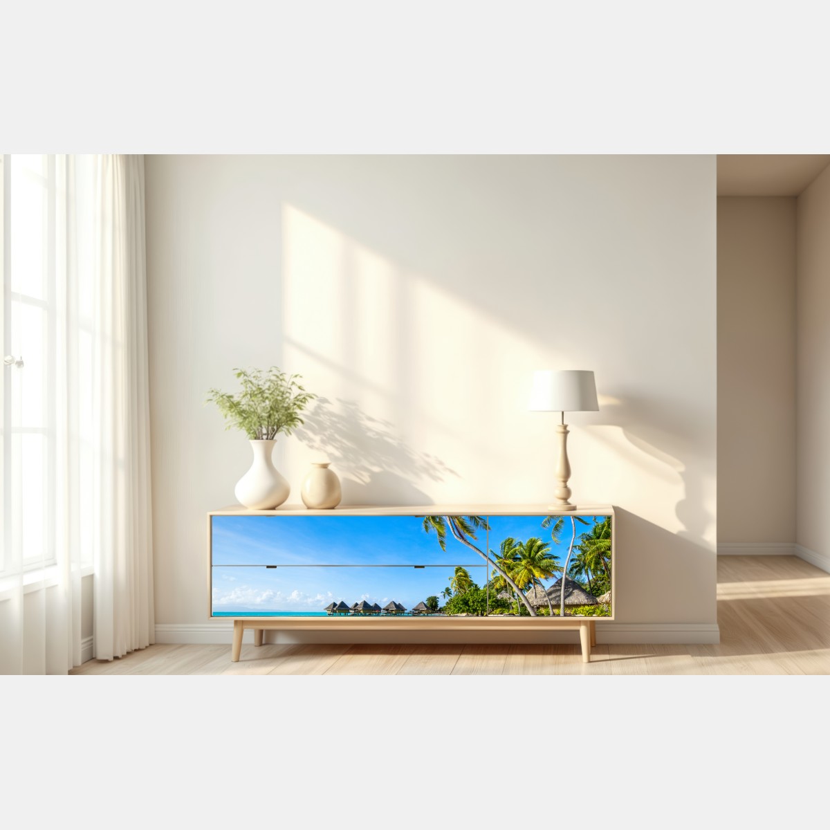 Naklejka repozycjonowalna tropikalna turkusowa plaża z palmami – Wallissimo® Naklejka repozycjonowalna tropikalna turkusowa plaża z palmami – Wallissimo®