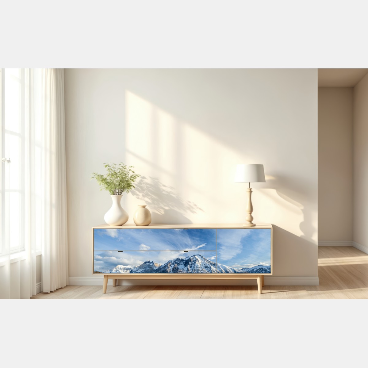 Naklejka repozycjonowalna odbijające się góry nad spokojnym jeziorem – Wallissimo® Naklejka repozycjonowalna odbijające się góry nad spokojnym jeziorem – Wallissimo®