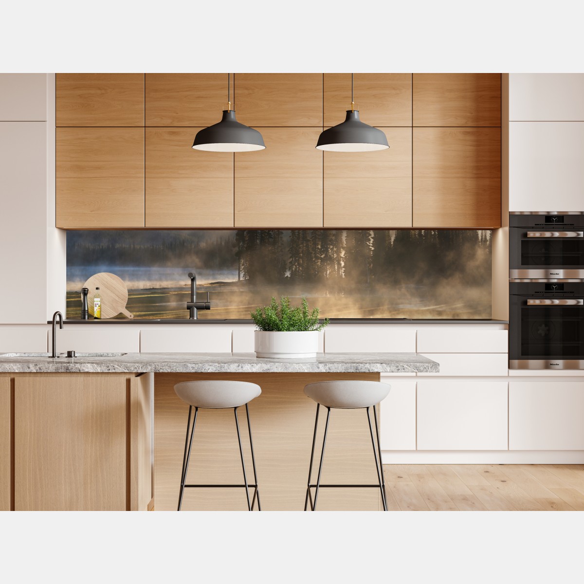 Naklejka repozycjonowalna mglisty wschód słońca nad górami z odbiciem – Wallissimo® Naklejka repozycjonowalna mglisty wschód słońca nad górami z odbiciem – Wallissimo®