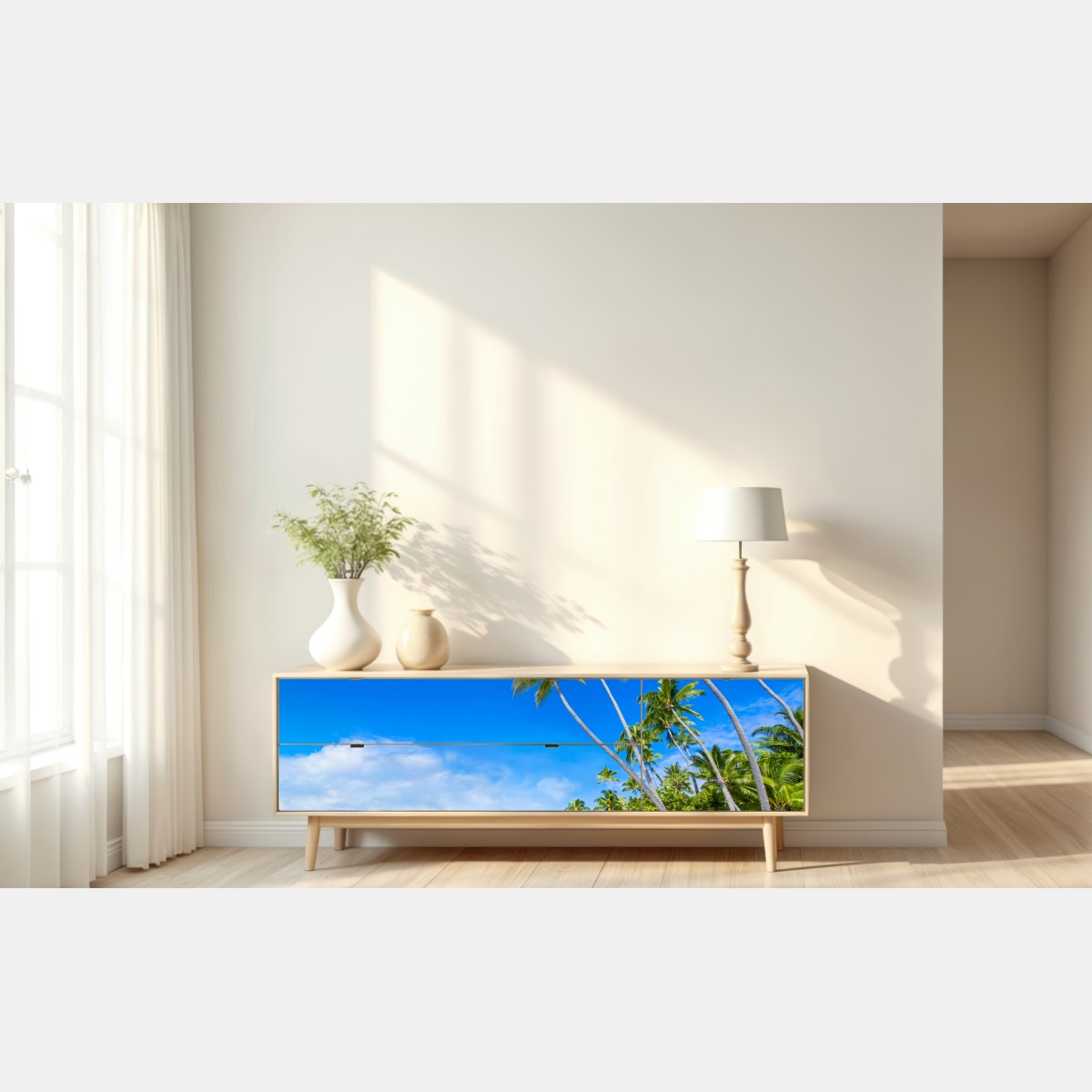 Naklejka repozycjonowalna tropikalna plaża z palmami – Wallissimo® Naklejka repozycjonowalna tropikalna plaża z palmami – Wallissimo®