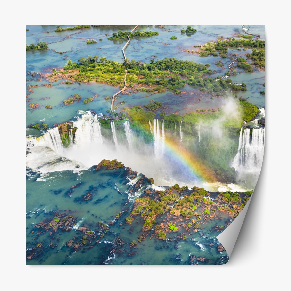 Repositionable sticker aerial view of tropical waterfalls with rainbow