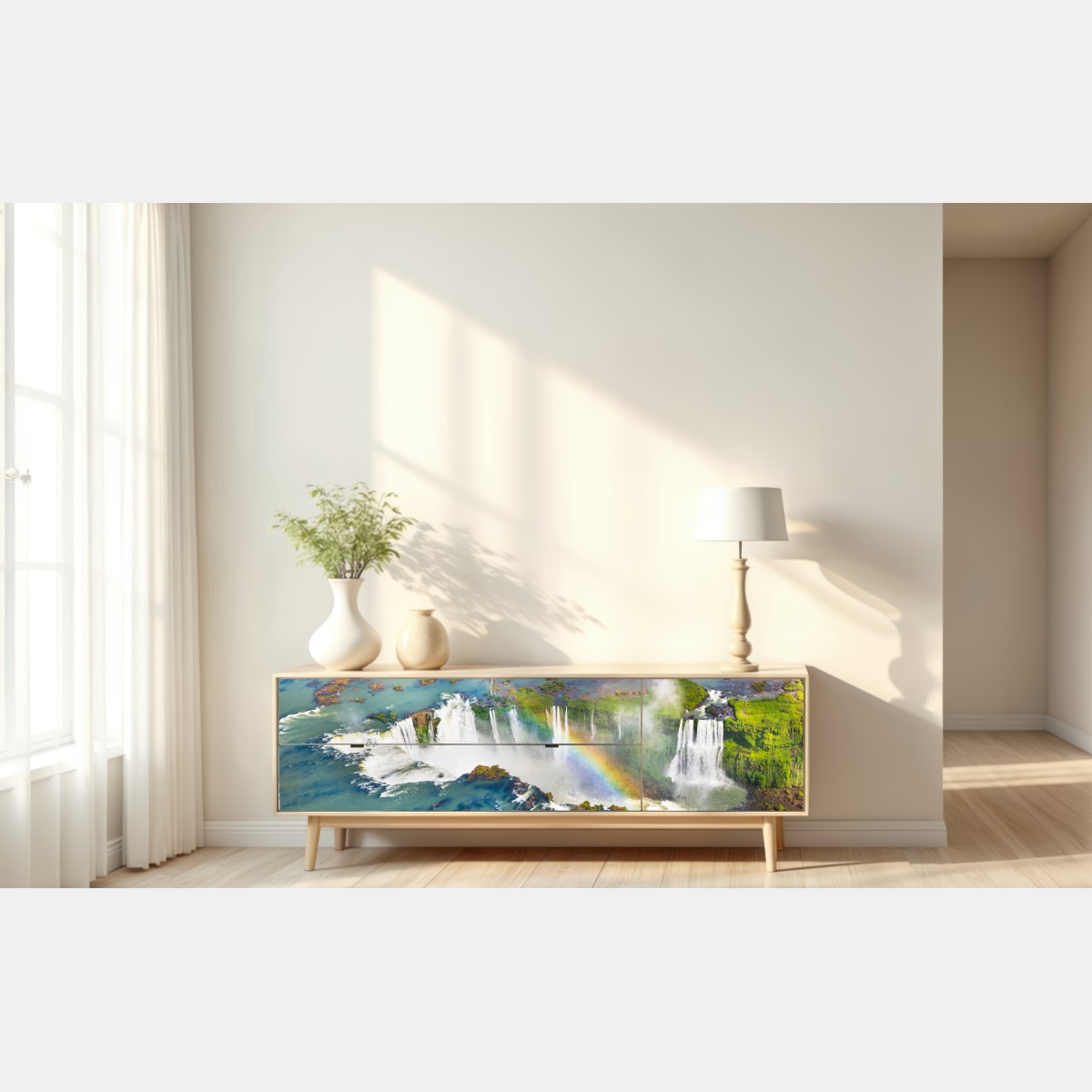 Naklejka repozycjonowalna widok z lotu ptaka tropikalne wodospady z tęczą – Wallissimo® Naklejka repozycjonowalna widok z lotu ptaka tropikalne wodospady z tęczą – Wallissimo®