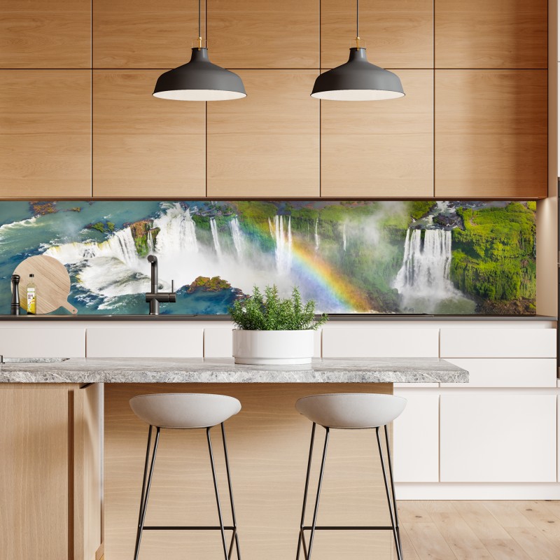 Naklejka repozycjonowalna widok z lotu ptaka tropikalne wodospady z tęczą – Wallissimo® Naklejka repozycjonowalna widok z lotu ptaka tropikalne wodospady z tęczą – Wallissimo®